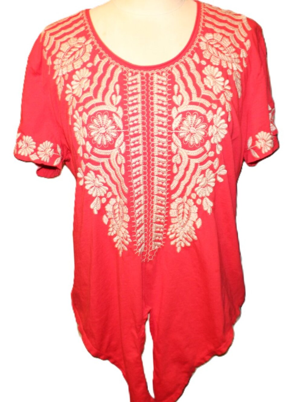 JOHNNY WAS Embroidered Rita Knot Tie Front Top Size XL Red Coral Boho Designer - Picture 3 of 13